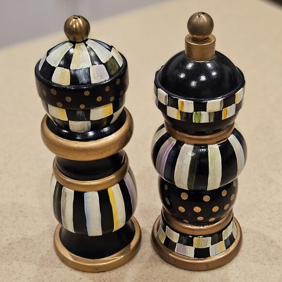 RARE RETIRED SET MACKENZIE CHILDS COURTLY CHECK WOOD SALT PEPPER MILL GRINDER - Picture 1 of 8